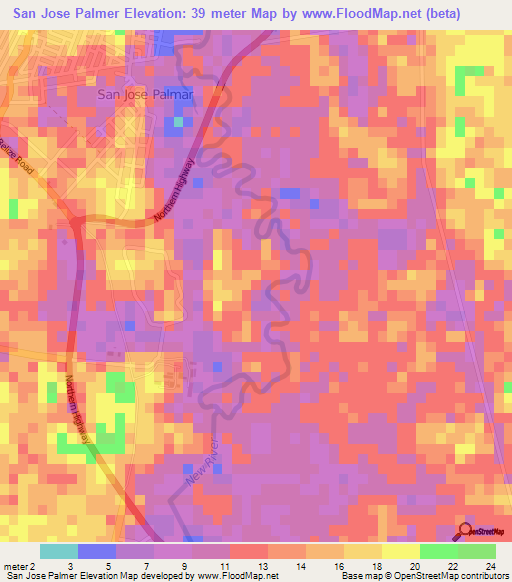 San Jose Palmer,Belize Elevation Map