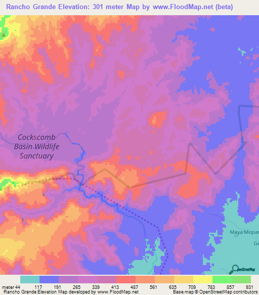 Rancho Grande,Belize Elevation Map
