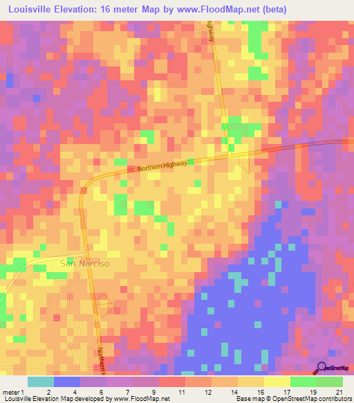 Louisville,Belize Elevation Map