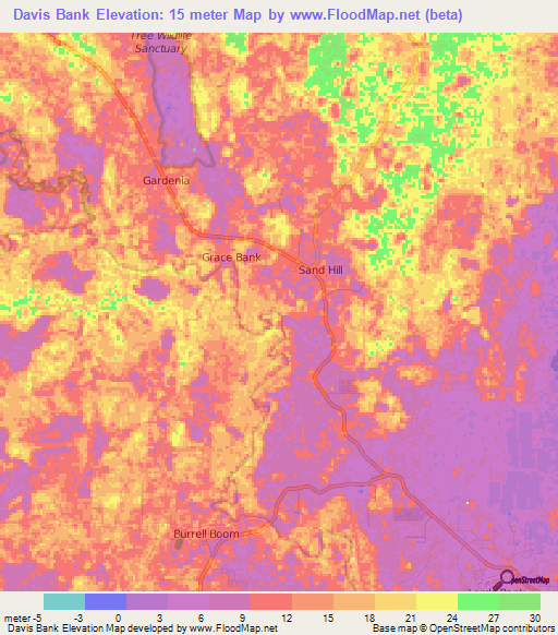 Davis Bank,Belize Elevation Map