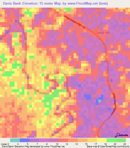 Davis Bank,Belize Elevation Map