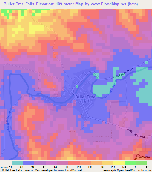 Bullet Tree Falls,Belize Elevation Map