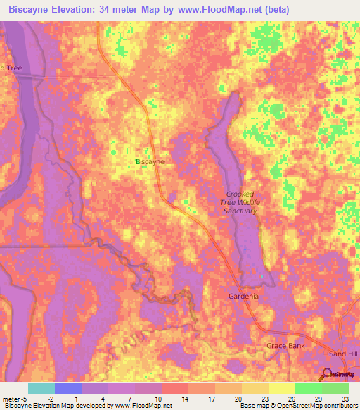 Biscayne,Belize Elevation Map