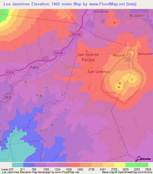 Los Jazmines,Guatemala Elevation Map