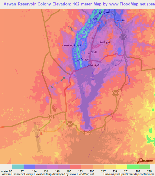 Aswan Reservoir Colony,Egypt Elevation Map