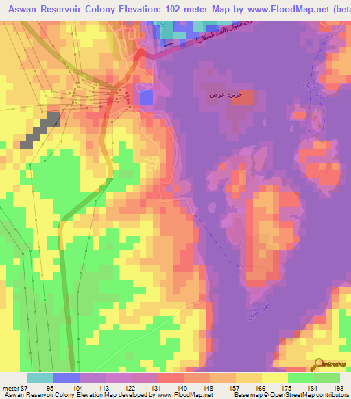Aswan Reservoir Colony,Egypt Elevation Map