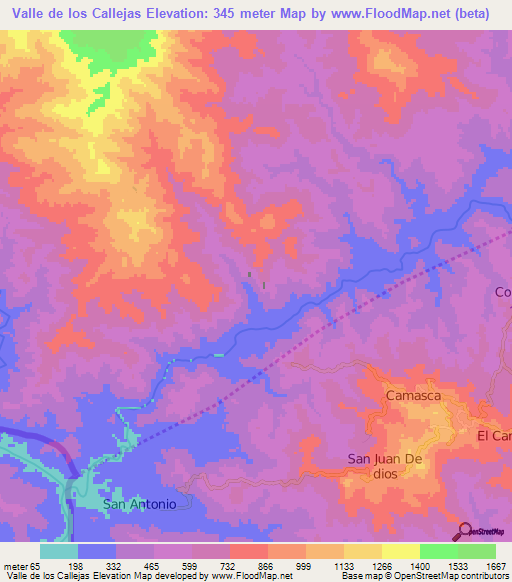 Valle de los Callejas,Honduras Elevation Map