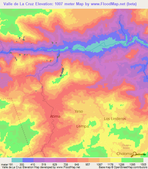 Valle de La Cruz,Honduras Elevation Map