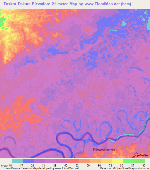 Tuskru Dakura,Honduras Elevation Map