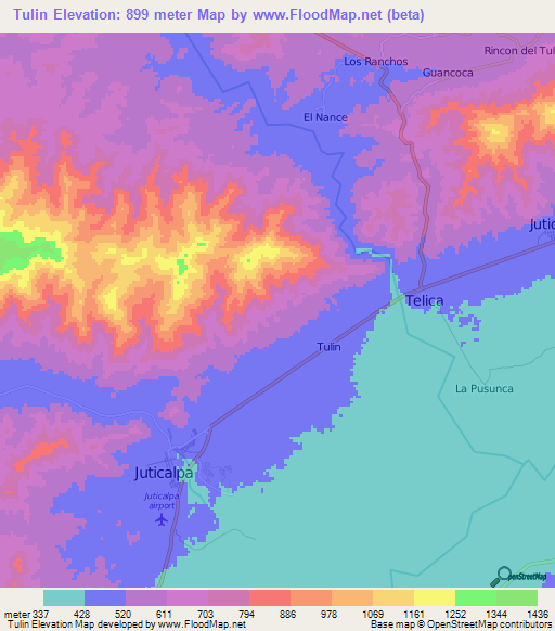 Tulin,Honduras Elevation Map
