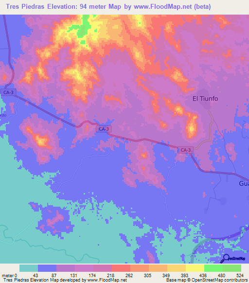 Tres Piedras,Honduras Elevation Map