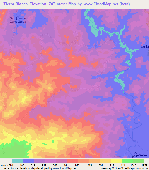 Tierra Blanca,Honduras Elevation Map