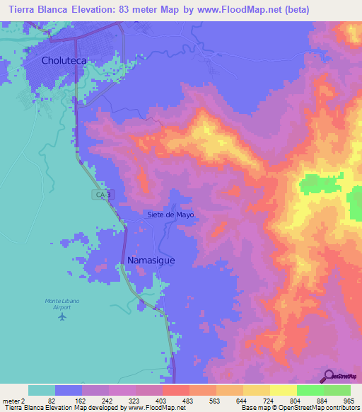 Tierra Blanca,Honduras Elevation Map