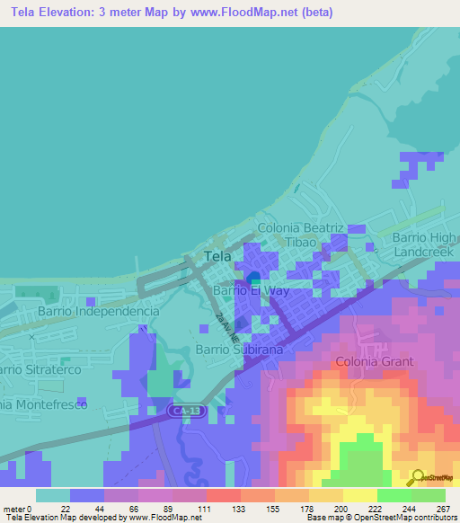 Tela,Honduras Elevation Map