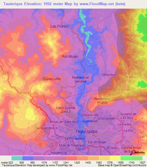 Tauterique,Honduras Elevation Map