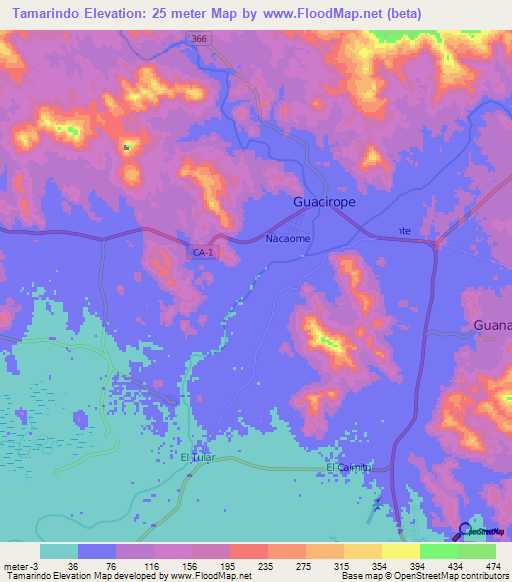 Tamarindo,Honduras Elevation Map