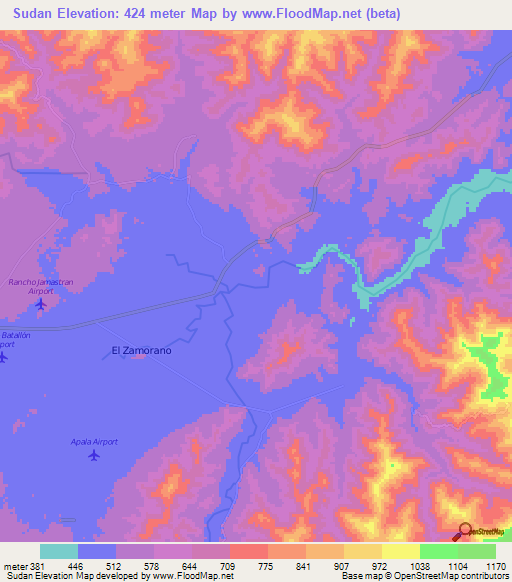 Sudan,Honduras Elevation Map