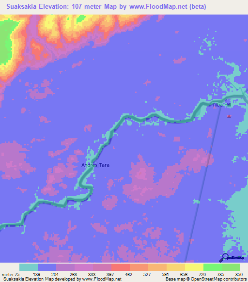 Suaksakia,Honduras Elevation Map