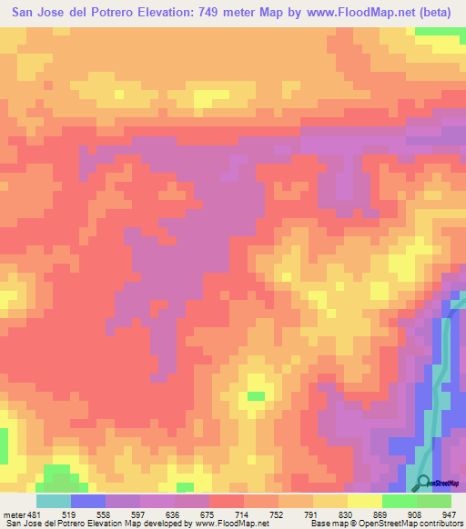 San Jose del Potrero,Honduras Elevation Map