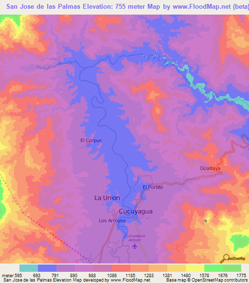 San Jose de las Palmas,Honduras Elevation Map