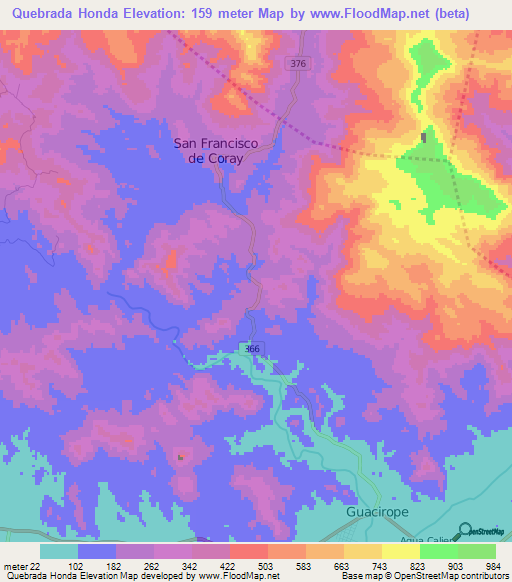 Quebrada Honda,Honduras Elevation Map
