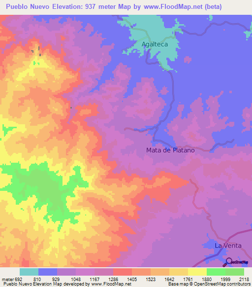 Pueblo Nuevo,Honduras Elevation Map