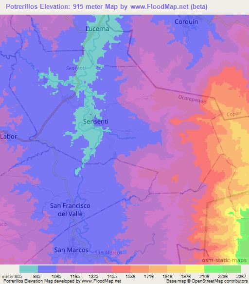 Potrerillos,Honduras Elevation Map