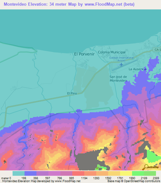 Montevideo,Honduras Elevation Map