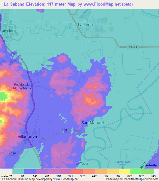 La Sabana,Honduras Elevation Map