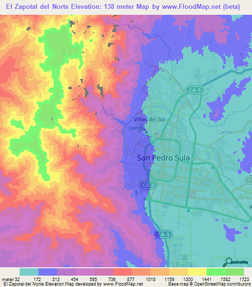 El Zapotal del Norte,Honduras Elevation Map