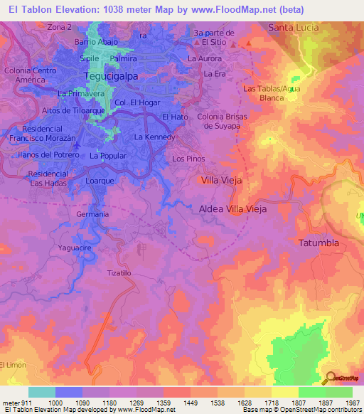 El Tablon,Honduras Elevation Map