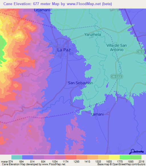 Cane,Honduras Elevation Map