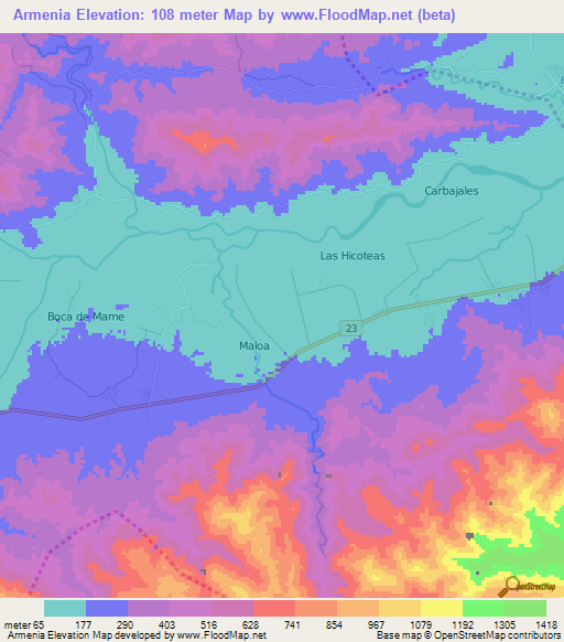 Armenia,Honduras Elevation Map