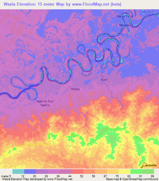 Wasla,Nicaragua Elevation Map