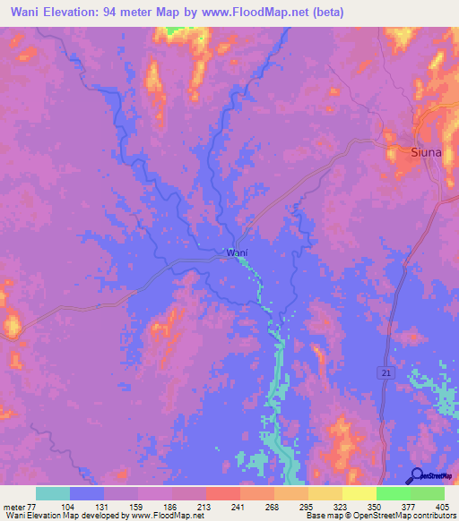 Wani,Nicaragua Elevation Map