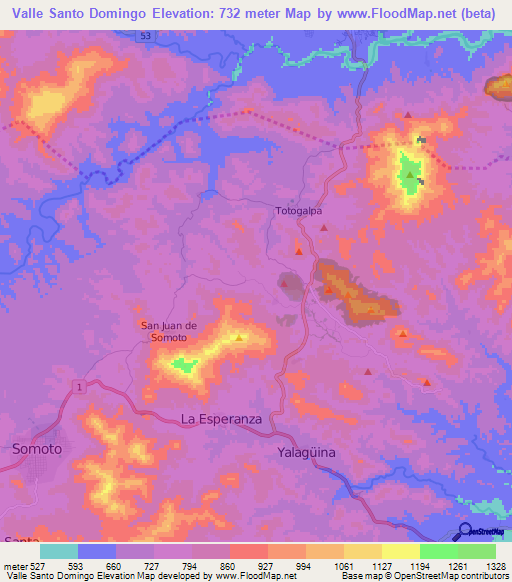 Valle Santo Domingo,Nicaragua Elevation Map
