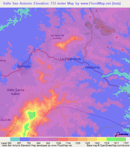 Valle San Antonio,Nicaragua Elevation Map