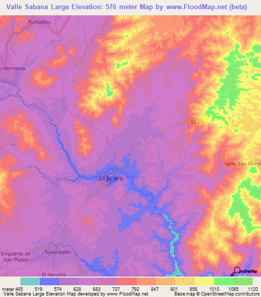 Valle Sabana Larga,Nicaragua Elevation Map
