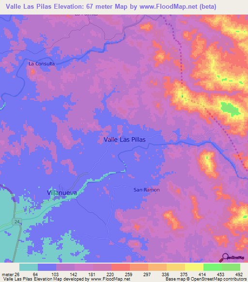 Valle Las Pilas,Nicaragua Elevation Map