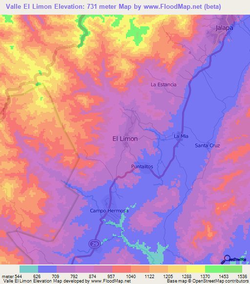 Valle El Limon,Nicaragua Elevation Map