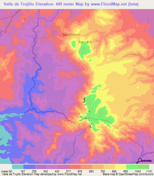 Valle de Trujillo,Nicaragua Elevation Map
