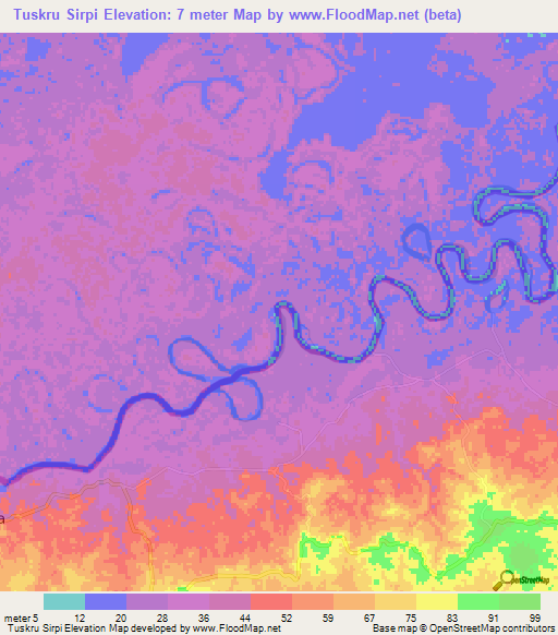Tuskru Sirpi,Nicaragua Elevation Map