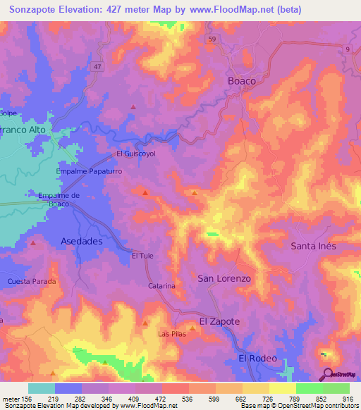 Sonzapote,Nicaragua Elevation Map