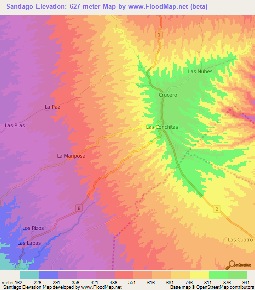 Santiago,Nicaragua Elevation Map
