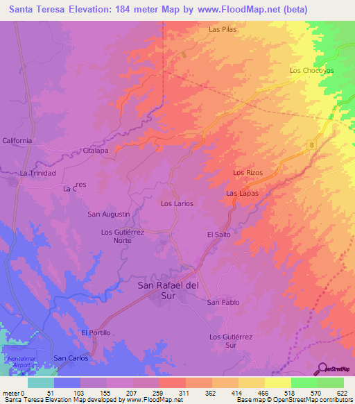 Santa Teresa,Nicaragua Elevation Map