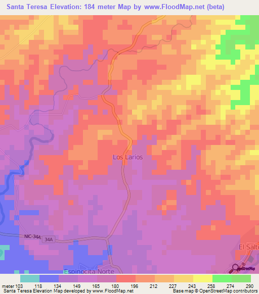 Santa Teresa,Nicaragua Elevation Map