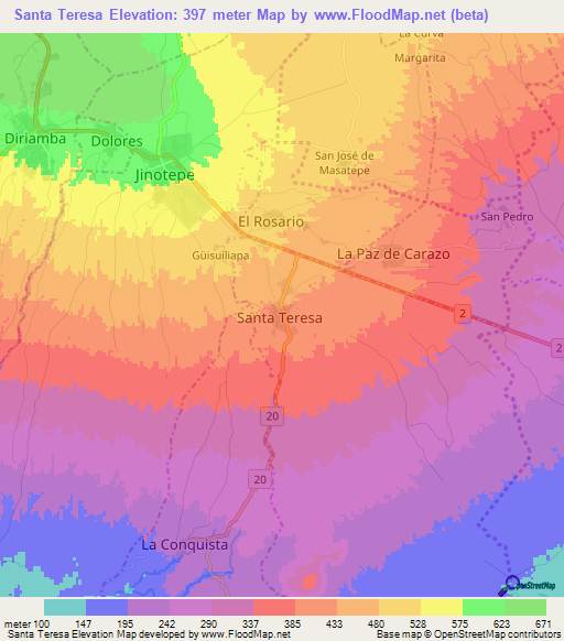 Santa Teresa,Nicaragua Elevation Map