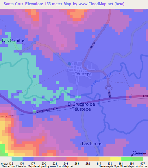 Santa Cruz,Nicaragua Elevation Map