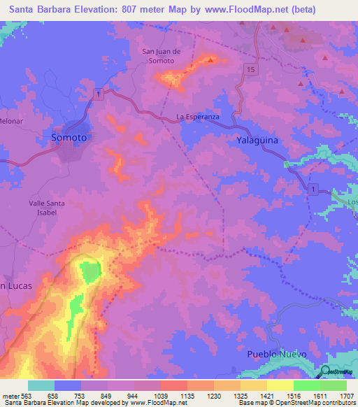 Santa Barbara,Nicaragua Elevation Map