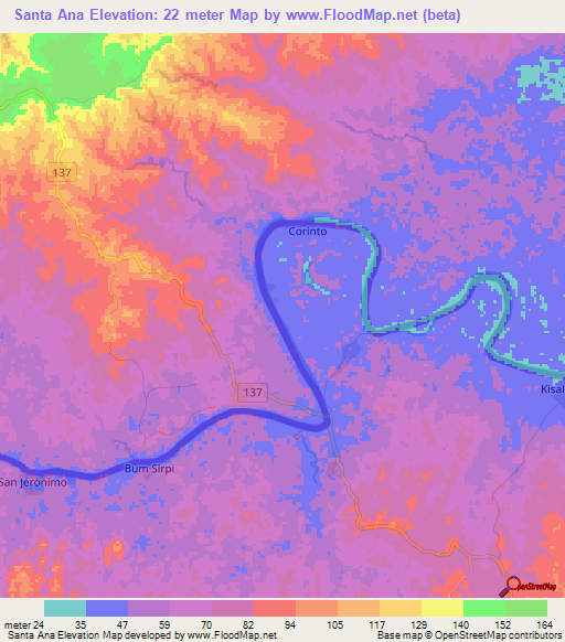 Santa Ana,Nicaragua Elevation Map